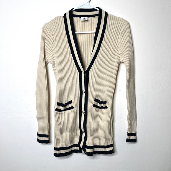 Cabi Women's Small Ribbed Knit Cardigan Sweater Cream Navy Striped Old Money - Picture 1 of 6